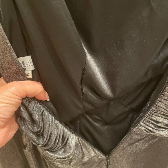 Rene Ruiz Collection Ruched Side Slit Patent Glitter Long-Sleeve Gown - Picture 9 of 9